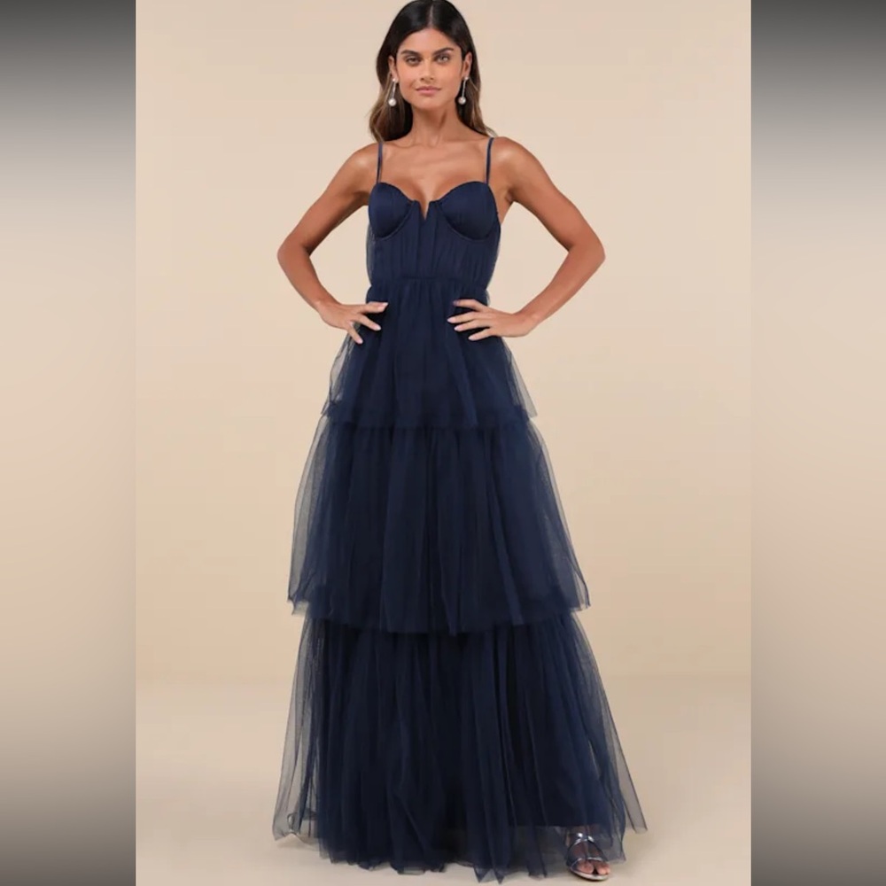 Lulus‎ Navy Blue Unforgettable Poise Tulle Bustier Tiered Maxi Dress NWOT S